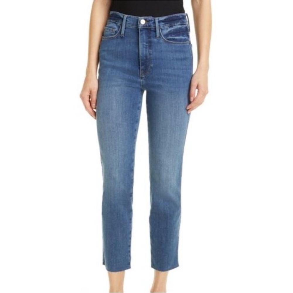 Frame Le Sylvie Slender Straight Jeans Raw Edge Hem Bonhill Blue Size 32